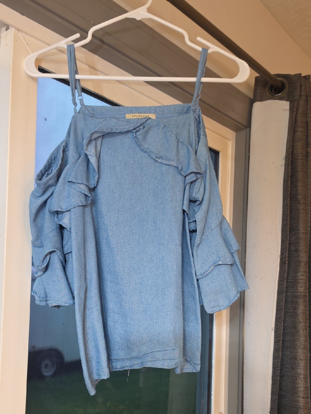 Polagram Light Blue Ruffle Cold-Shoulder Camisole